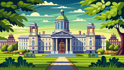 Naklejka premium Trinity College Dublin, Ireland – Stone quadrangles and the famous Long Room library exude literary legacy and academic pride in leafy surroundings.