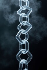 Frozen chain links with icy texture and mist in dramatic dark background closeup