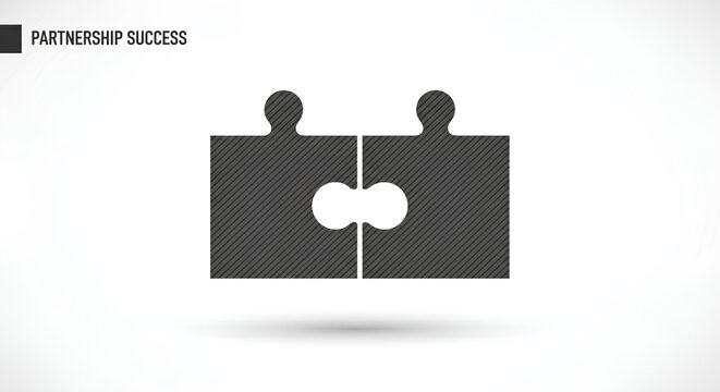 Two jigsaw puzzle pieces fit together, symbolizing teamwork, collaboration, and the attainment of partnership success in a visual representation.