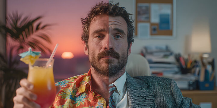 split screen photo of a man divided in half. on the left he is on vacation on a beach in hawaiian shirt with cocktail. on the right he is in corporate business suit in office cubicle