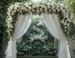 Beautiful bridal bouquet with white flowers hanging on a hanger, ready for the wedding ceremony