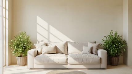 Cream sofa with green plants and window light living room