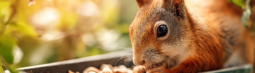 Squirrel eating from bird feeder close up copy space playful cozy colors Double exposure silhouette with garden and seeds