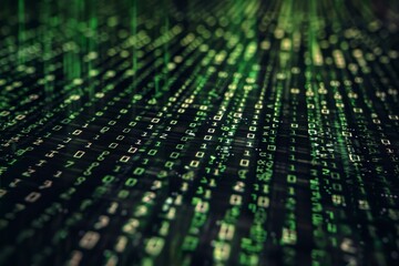 Green binary code streams flowing on dark background, creating a futuristic data flow visualization