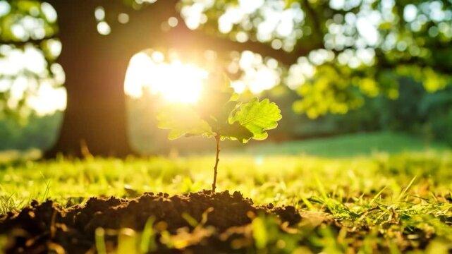 A young oak sapling emerging from the ground, bathed in sunlight