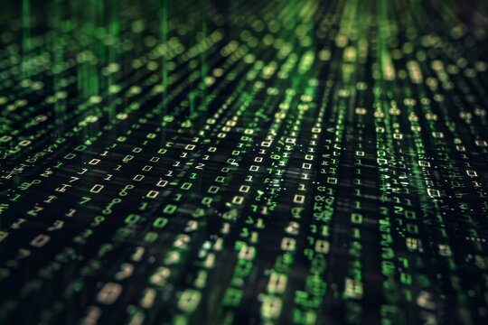 Green binary code streams flowing on dark background, creating a futuristic data flow visualization