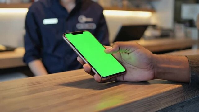 A hand holds a smartphone with a green screen, with a thumb interacting with the display, resting on a wooden counter with a blurred background of a cashier behind a service desk, likely in a cafe