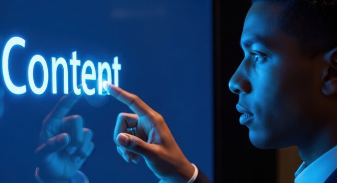 A man touches the word content on a digital screen