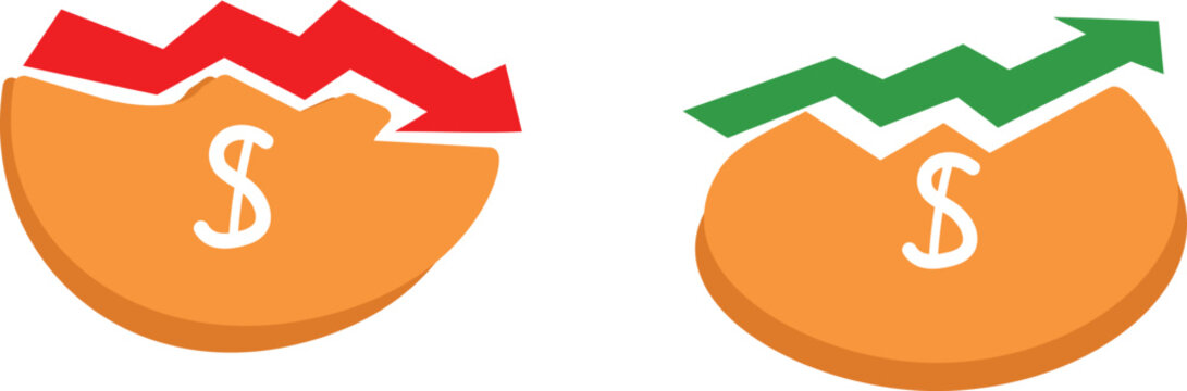  3d set of  increase and decrease price or rate icon , symbol dollar, money, coin sign with arrow up and down  vector illustration