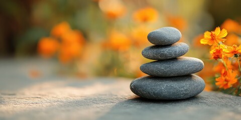 Stacked gray stones on a stone surface, with blurred orange flowers in the background
