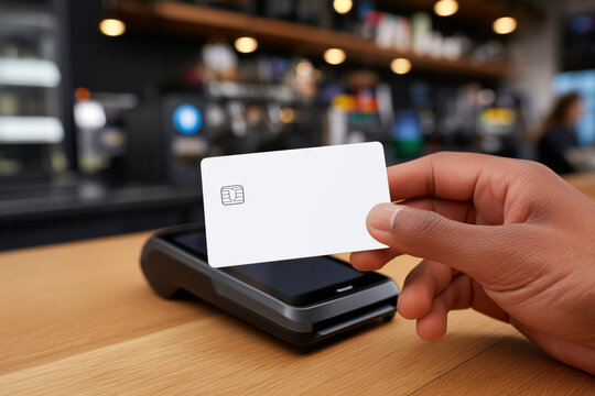 Hand holding a blank white credit card with chip near a payment terminal, ideal mock-up template for banking, fintech, or contactless payment branding presentations
