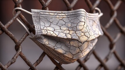 A cracked and worn face mask hanging on a rusted fence, symbolizing the impact of social issues and health challenges in today's world. A powerful reminder of current events.