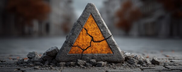 A cracked triangular stone emits an orange glow, symbolizing urban decay and resilience. This image captures the intersection of nature and human impact in modern society.