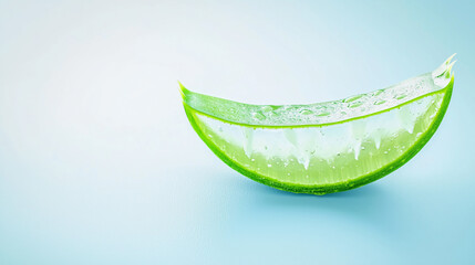 A fresh, translucent slice of aloe vera with visible gel droplets on a smooth, light blue surface.