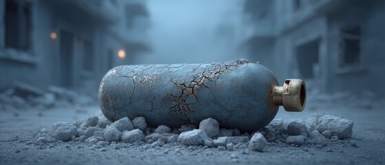 A damaged gas cylinder lies on the rubble of a collapsed building, symbolizing the aftermath of disaster and the urgent need for safety in urban environments.