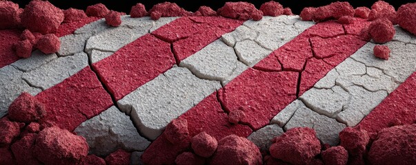A cracked pavement featuring distinct red and white stripes, showcasing the wear and tear of urban infrastructure