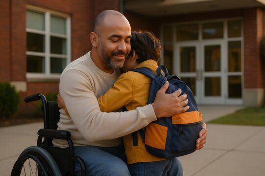 Heartwarming scene of a father in a wheelchair embracing his son before or after school, showcasing love, support, and family connection