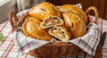 Delicious Cornish Pasties in Basket for Pasty Fest, Traditional Savory Pastry