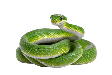 Fototapeta premium An attractive bright green snake with coiled body poses against a stark transparent background showing scales, eyes and vibrant coloring.