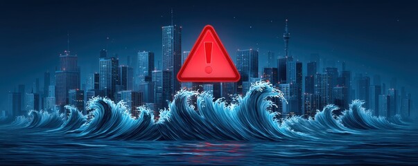 A dramatic illustration of a city skyline with massive waves, representing the impact of climate change and natural disasters, emphasizing urgency and the need for environmental aw