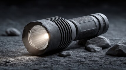 A durable flashlight lies on a rugged surface, casting a bright beam of light in a dark environment. Perfect for outdoor adventures, camping, and emergency situations.