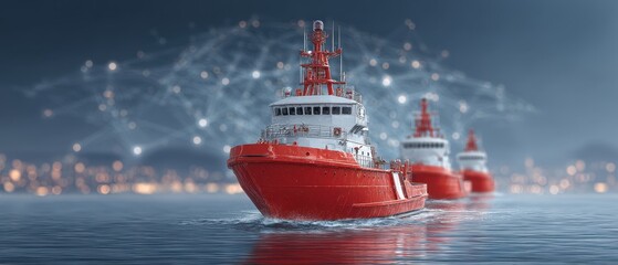 A fleet of red boats navigates through calm waters, illuminated by city lights in the distance