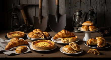 Pasty Fest Still Life with Cornish Pasties, Quiche, and Croissants in Rustic Setting