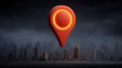 A futuristic city skyline looms under a dark sky, featuring a glowing orange location pin as a central symbol of navigation and exploration in the digital age.
