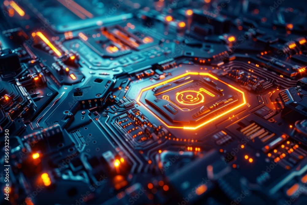 Poster complex electronic circuit board pulsating with orange light, symbolizing data processing, advanced 