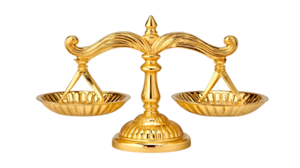 Gleaming golden scales of justice against a stark transparent background, symbolizing fairness and legal equilibrium.