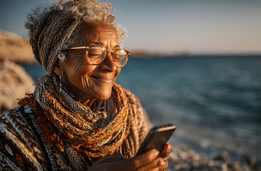 Happy elderly woman enjoys smartphone at beach. Smiling senior female checks social media online. Joyful pensioner on seaside with phone, staying connected. Tech, health, fitness, retirement