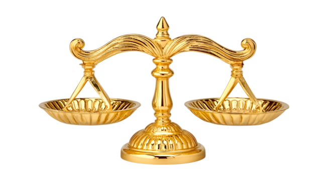 Gleaming golden scales of justice against a stark transparent background, symbolizing fairness and legal equilibrium.