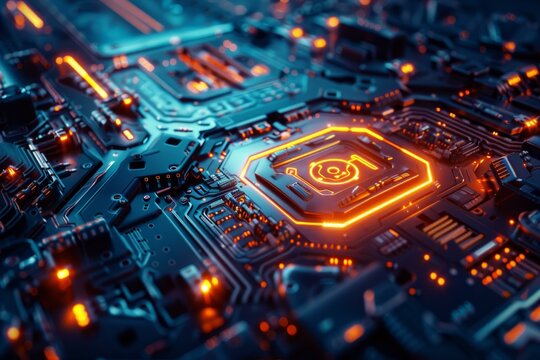 Complex electronic circuit board pulsating with orange light, symbolizing data processing, advanced technology, and futuristic innovation