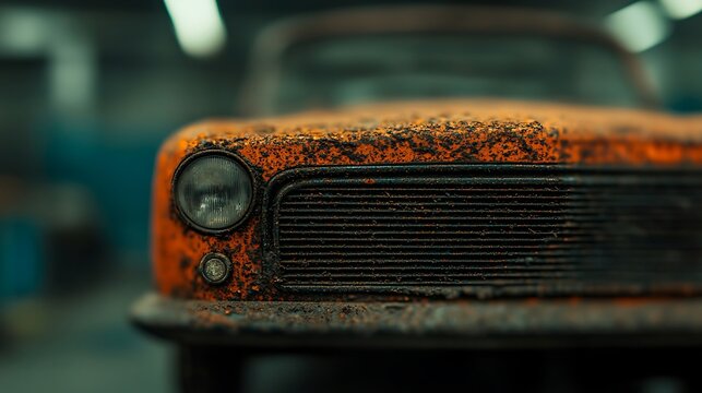 Rusty Orange Car Grille and Headlight Close-up
