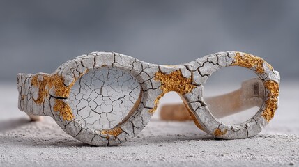 A pair of artistic, cracked goggles with a unique textured surface. The design features a blend of muted colors and highlights of gold, evoking a sense of nostalgia and creativity.
