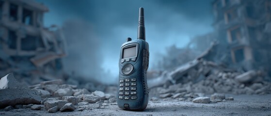 A rugged communication device stands alone amidst the debris of a destroyed building, symbolizing resilience and emergency preparedness in challenging environments.