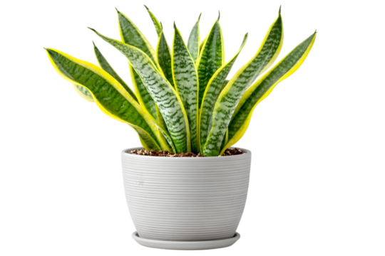 Striking snake plant features variegated leaves in a stylish white pot, displayed against a stark transparent background, perfect for botanical designs.