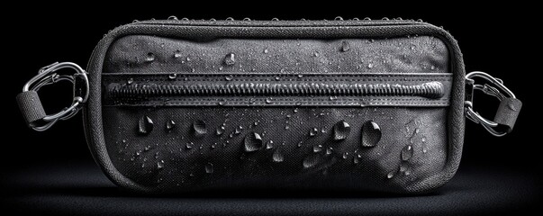 A sleek black waterproof pouch showcasing droplets on its surface. Ideal for organizing essentials, this stylish accessory is perfect for daily use or travel adventures.