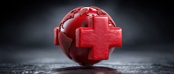 A striking 3D illustration of a red globe with a medical cross symbolizing global health. This image highlights the importance of healthcare access worldwide in a creative way.