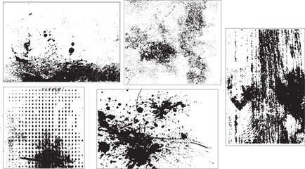 monochrome distressed overlay texture with paint stamps ink drops and scratch grit effects