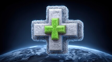 A striking 3D rendering of a green medical cross symbol on a dark background, representing health and wellness