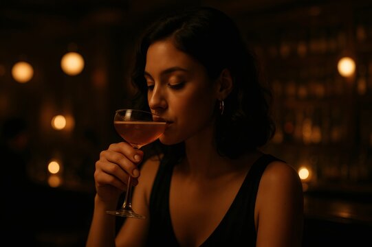 Young woman savors a sophisticated cocktail in the warm, intimate atmosphere of a dimly lit bar