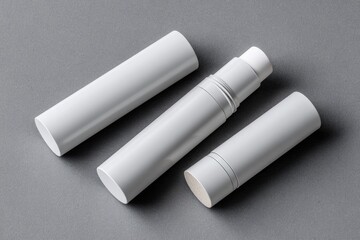 Three blank, white cosmetic containers