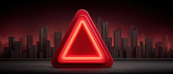A striking red triangular neon sign stands out against a dark urban skyline, symbolizing warning or alert. This captivating image evokes a sense of urgency and modern design.