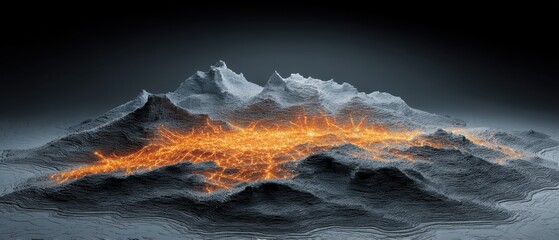 Fototapeta premium A striking representation of a volcanic landscape with molten lava flowing through the rocky terrain, showcasing the raw beauty and power of nature in an imaginative setting.