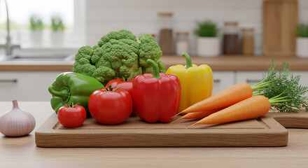 Vegetable Foods on Cutting Wooden Board with Kitchen Scene Window Cabinet Sink