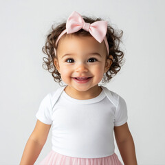 Portrait of a beautiful little girl in a white t-shirt and a pink headband with a bow
