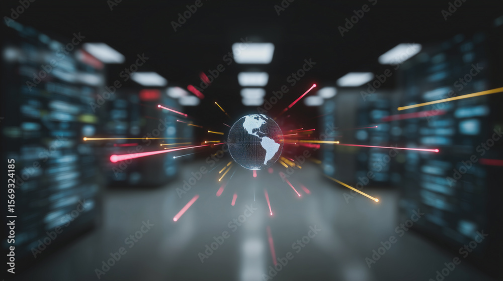 Poster global network: data streams converge on a central globe, symbolizing interconnectedness in a high-t