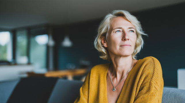 Serene Contemplation: A mature woman with silver hair gazes thoughtfully into the distance. Natural light illuminates her serene face. The image captures a moment of quiet reflection. - Powered by Adobe