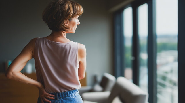 Woman Looking Through Window: A contemplative woman gazes out a large window, her back to the camera, lost in thought against a backdrop of a modern apartment.